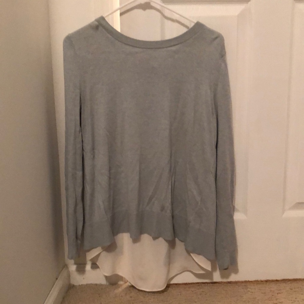 LIGHT BLUE LOFT FACTORY SWEATER BOW BACK AND HI LOW CHIFFON HEM AT BACK size s